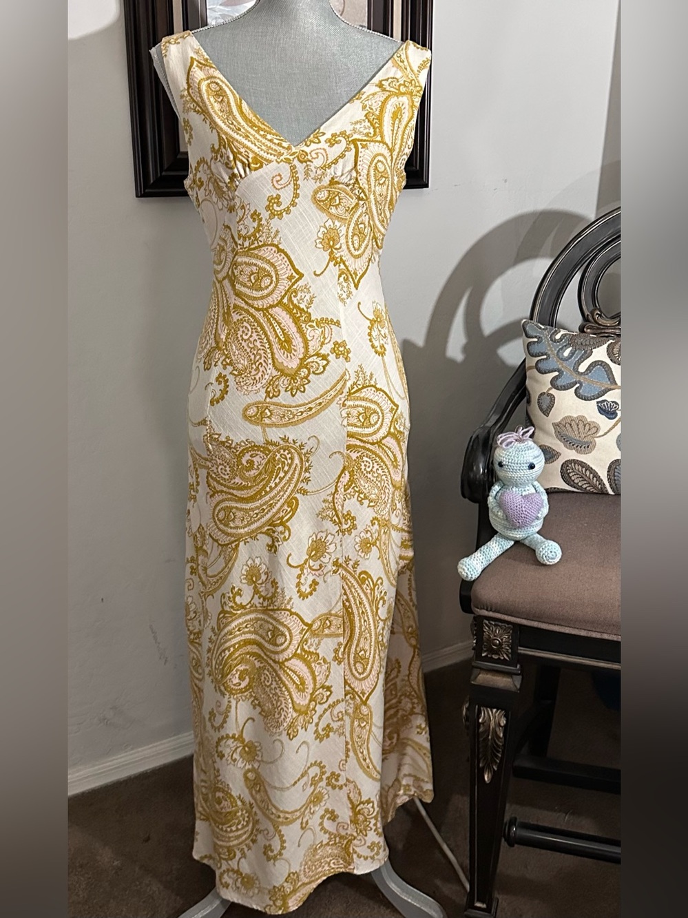 Paper Heart For Anthropologie Mustard Paisley Linen Maxi Dress